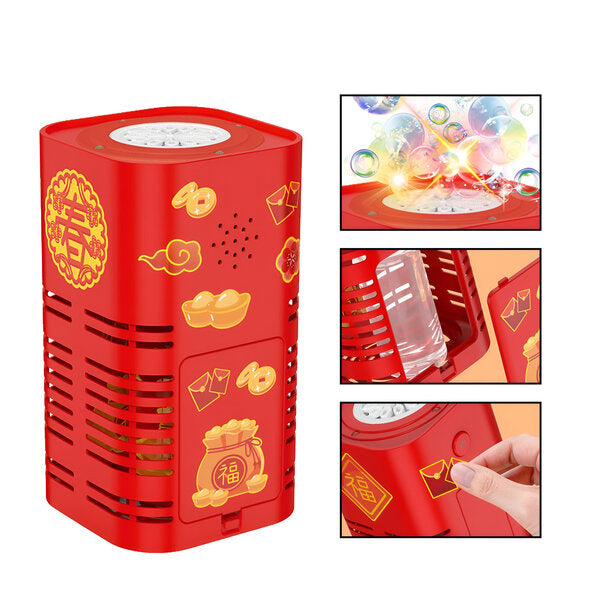 Red bubble machine with close-ups of its bubble outlet, solution tank, and decorative stickers