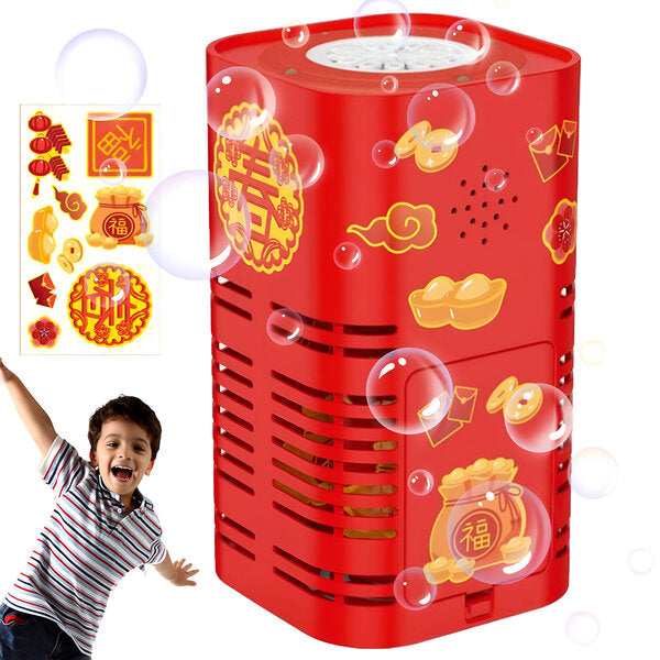 Red bubble machine with gold decorative designs, a sticker sheet, and a child shown alongside