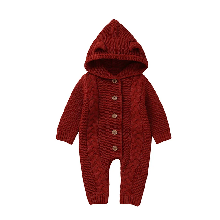 Red hooded baby jumpsuit with cable-knit detailing down the front and legs