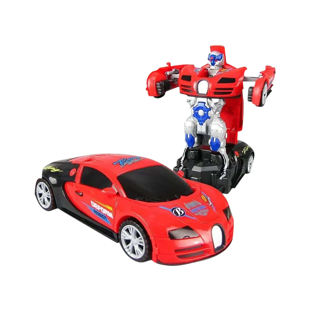 Red transforming sports car shown beside its red and silver robot form