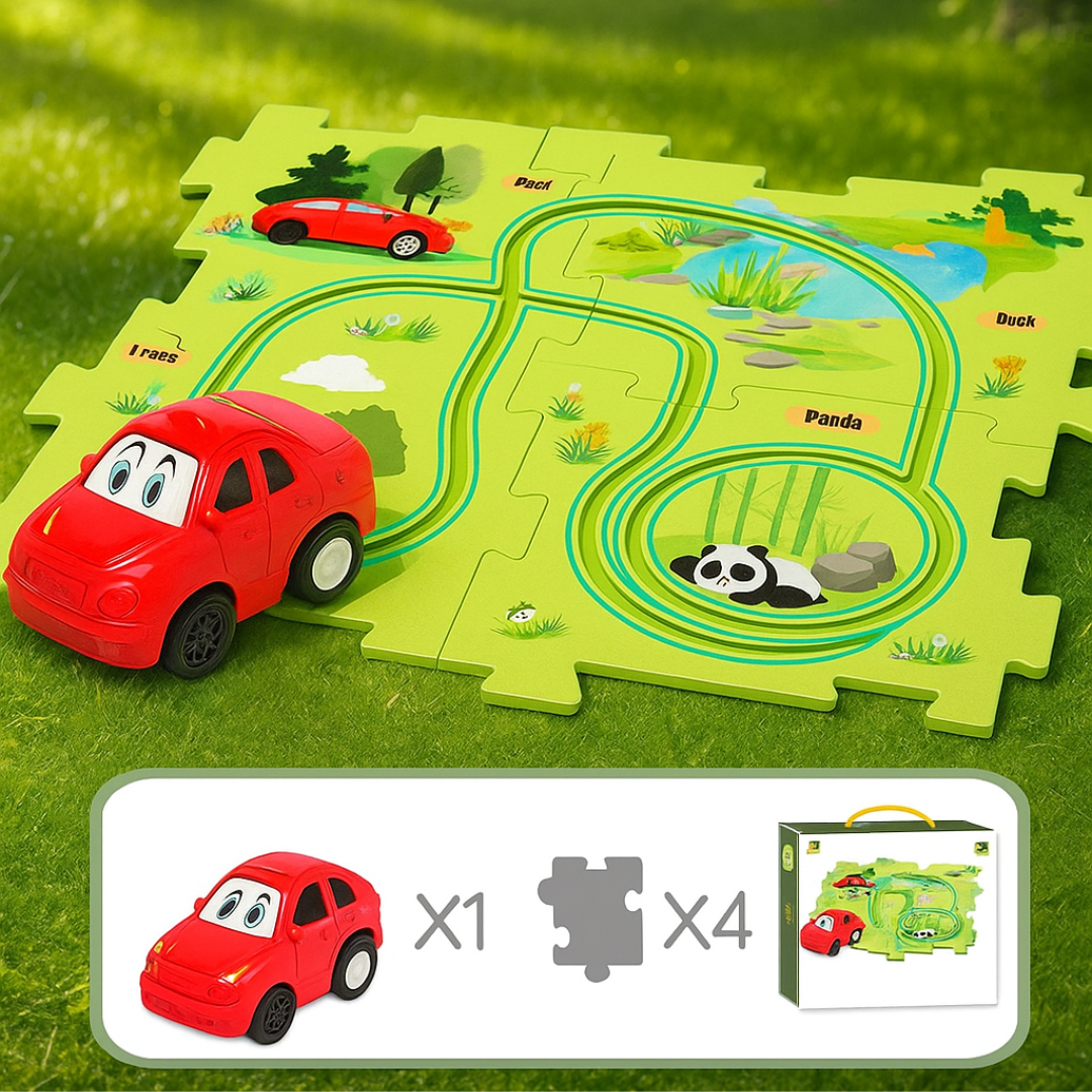Red toy car on a green animal-themed puzzle track with a package contents graphic