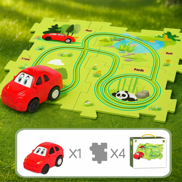 Red toy car on a green animal-themed puzzle track with a package contents graphic