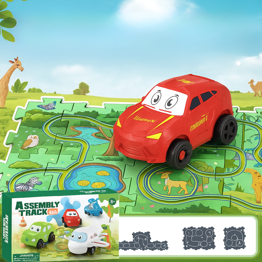 Red toy car on an animal-themed puzzle track with route layout examples
