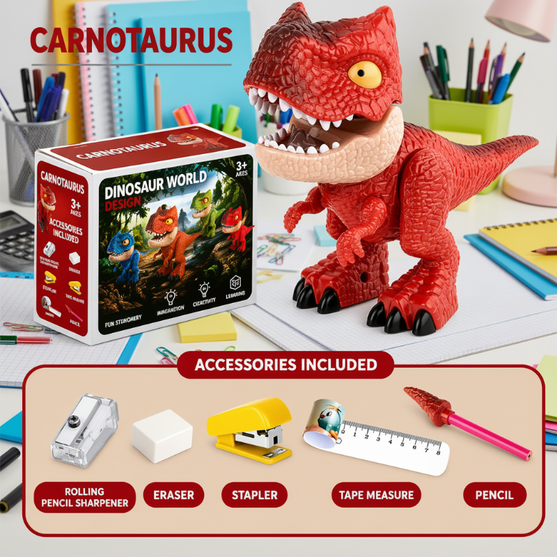 Red Carnotaurus stationery figure with its box, pencil, ruler, sharpener, eraser, and mini stapler
