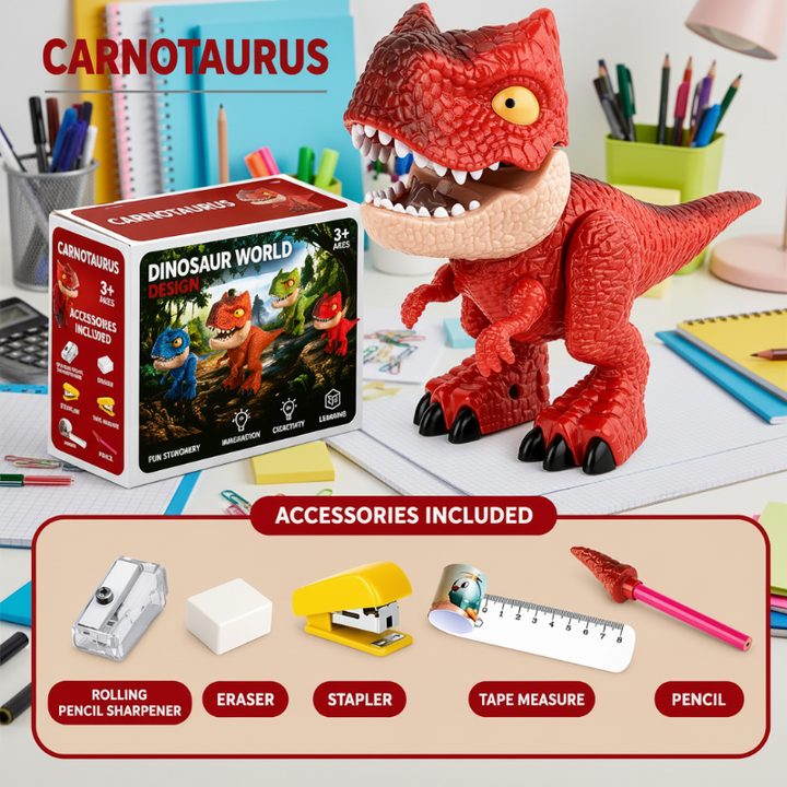 Red Carnotaurus stationery figure with its box, pencil, ruler, sharpener, eraser, and mini stapler