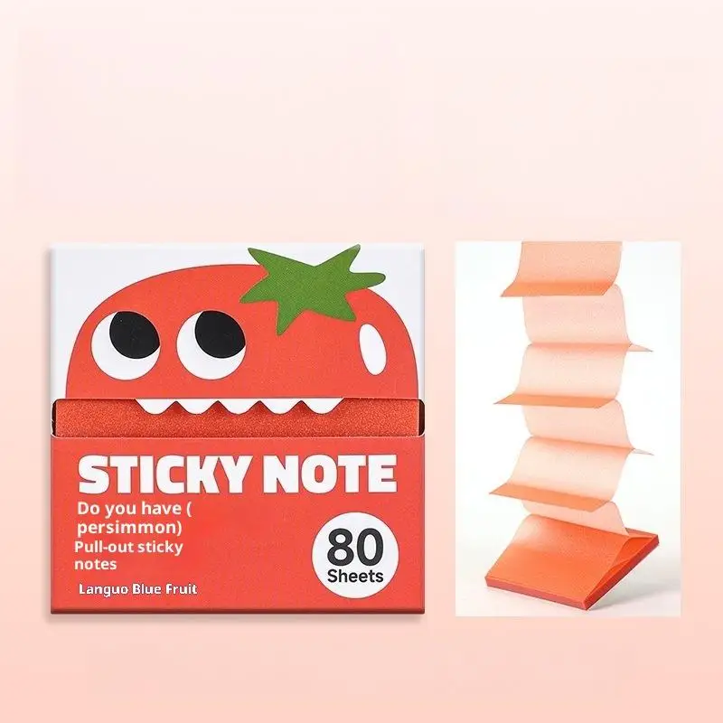 Red sticky notes in cartoon fruit packaging beside extended sheets