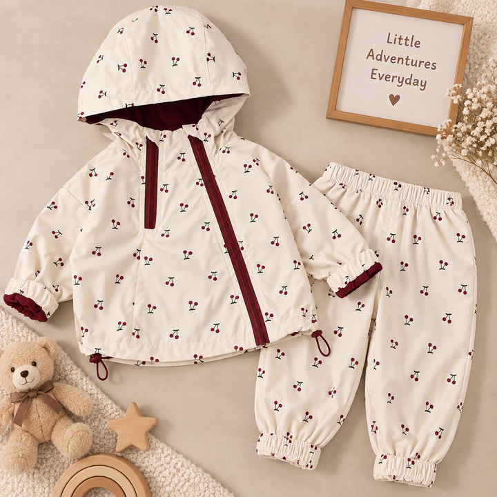 Cherry-print hooded jacket with burgundy trim and matching elastic-waist pants laid flat.