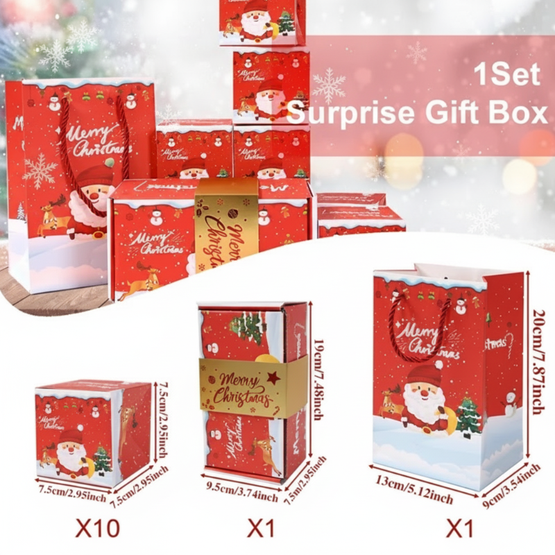 Red gift box set showing 10 small boxes, one inner box, one outer box, and measurements