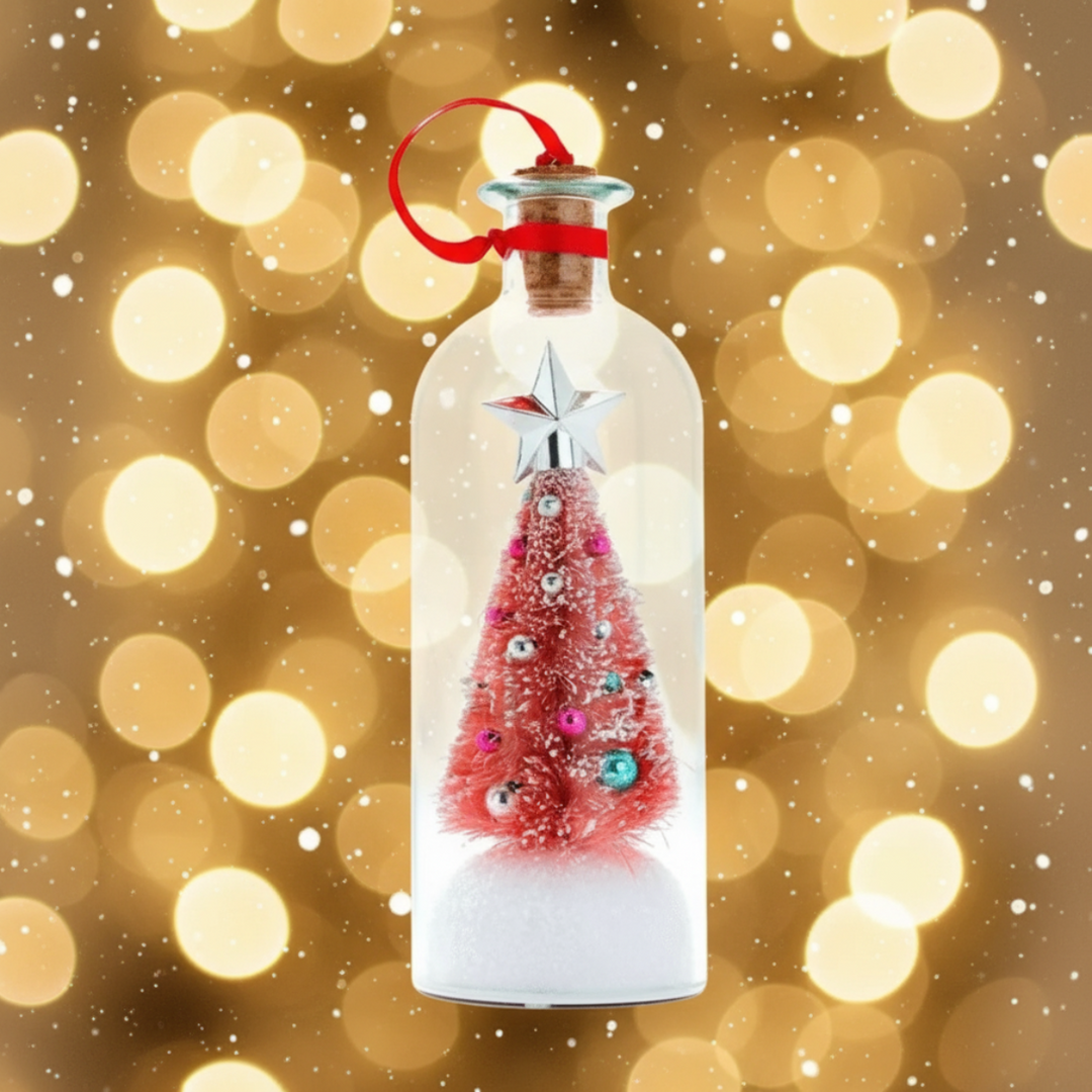 Red Christmas message bottle with a star-topped miniature tree against golden holiday lights
