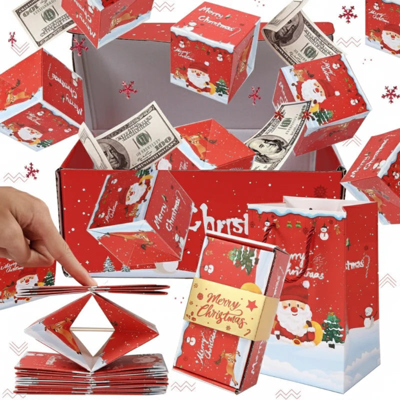 Red Christmas pop-up gift boxes shown with dollar bills and a folded stack