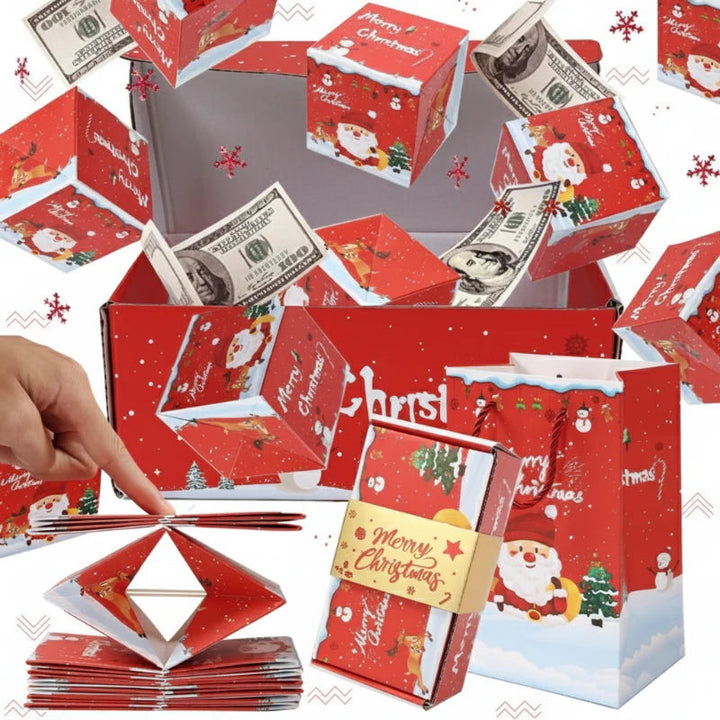 Red Christmas pop-up gift boxes shown with dollar bills and a folded stack