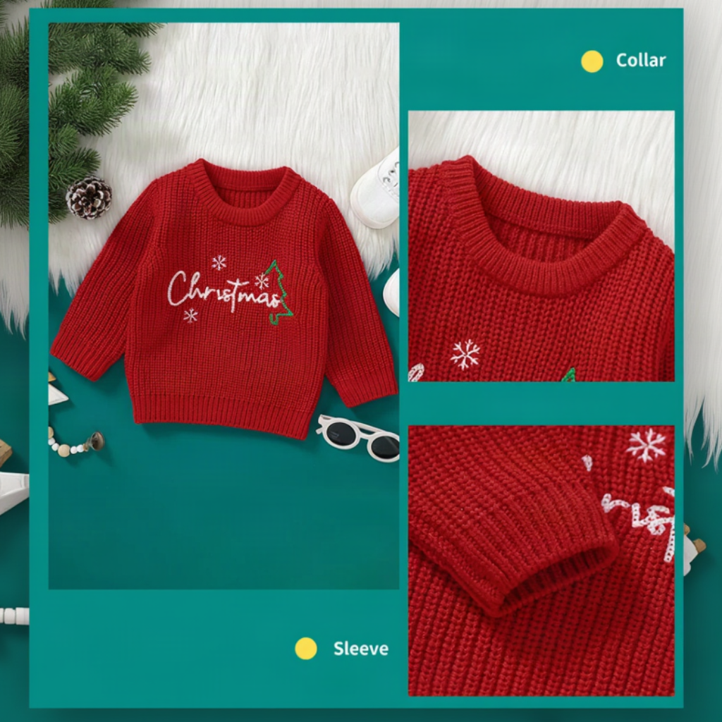 Red Christmas sweater with close-up views of the ribbed crew neck and sleeve cuff.
