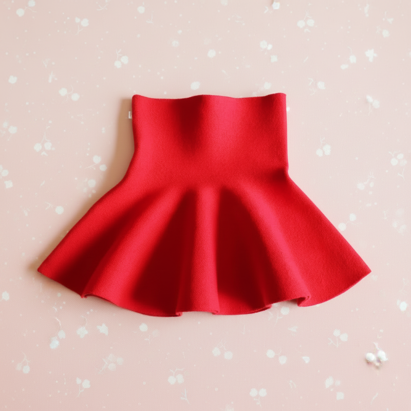 Plain red A-line knit skirt with a wide waistband and flared hem