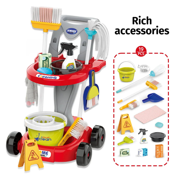 Red toy cleaning trolley beside an illustrated overview of the 19-piece cleaning playset