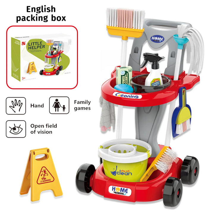 Red toy cleaning trolley with broom, mop, bucket, spray bottle, and packaging