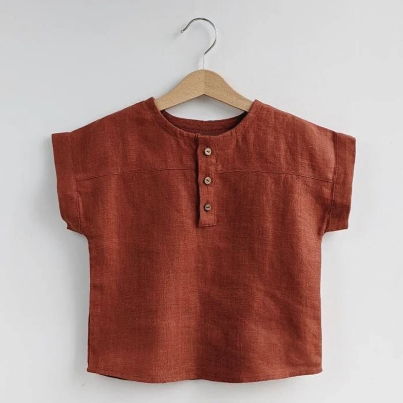 Red short-sleeve cotton-linen shirt with a round neck and front buttons