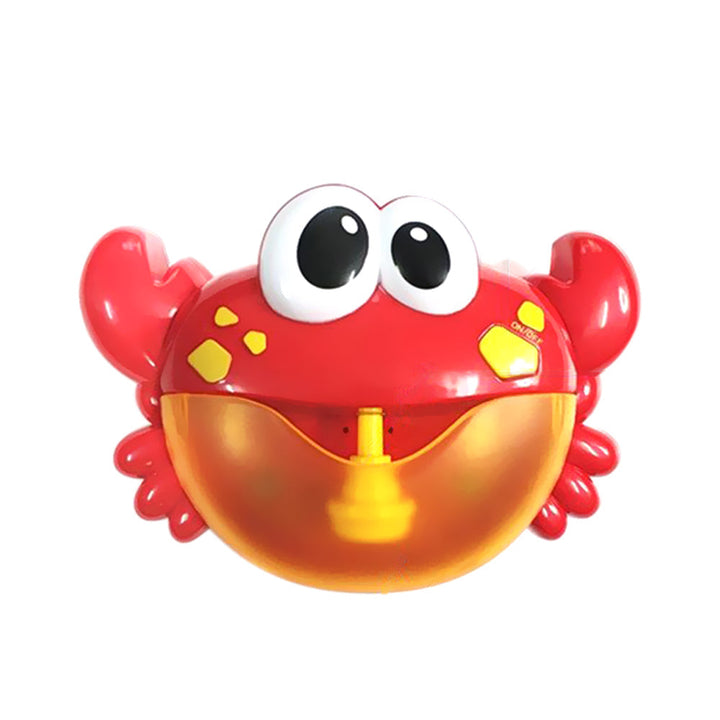 Red crab-shaped bath toy with large eyes, raised claws, and a yellow reservoir