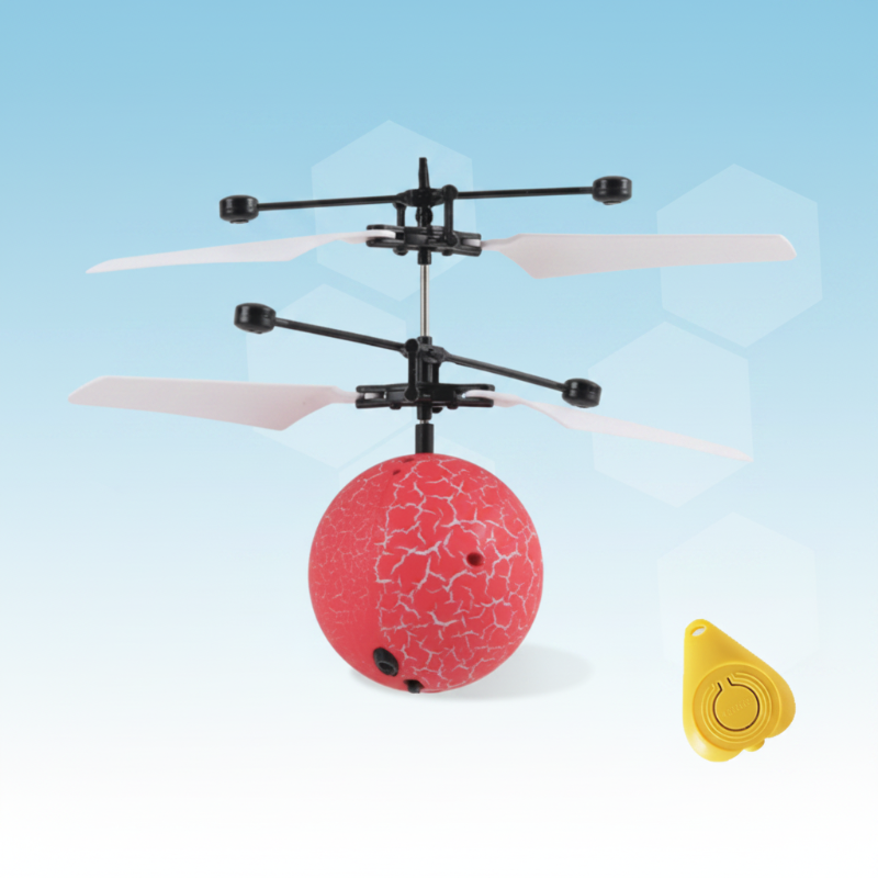 Red crackle-pattern flying ball with white rotor blades and a yellow remote