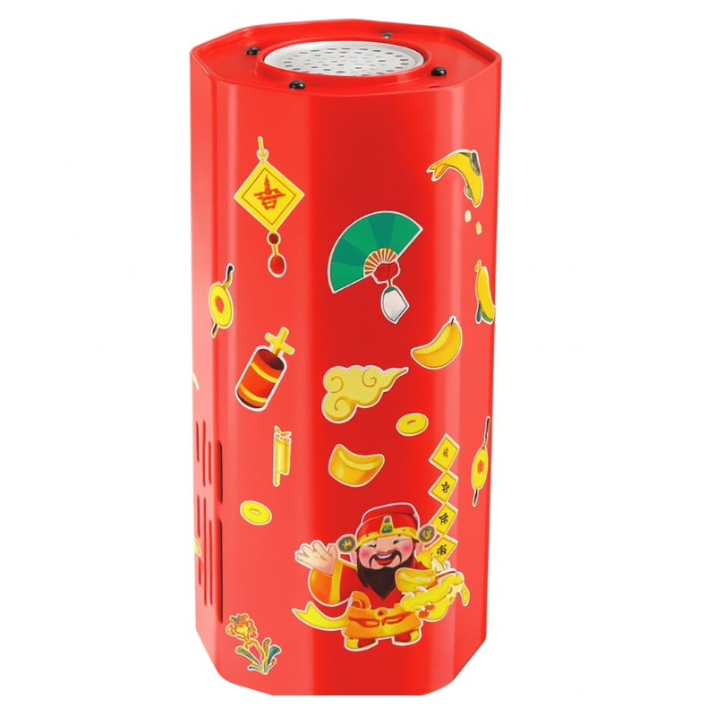 Red cylindrical bubble machine with colorful decorations and a bubble outlet on top