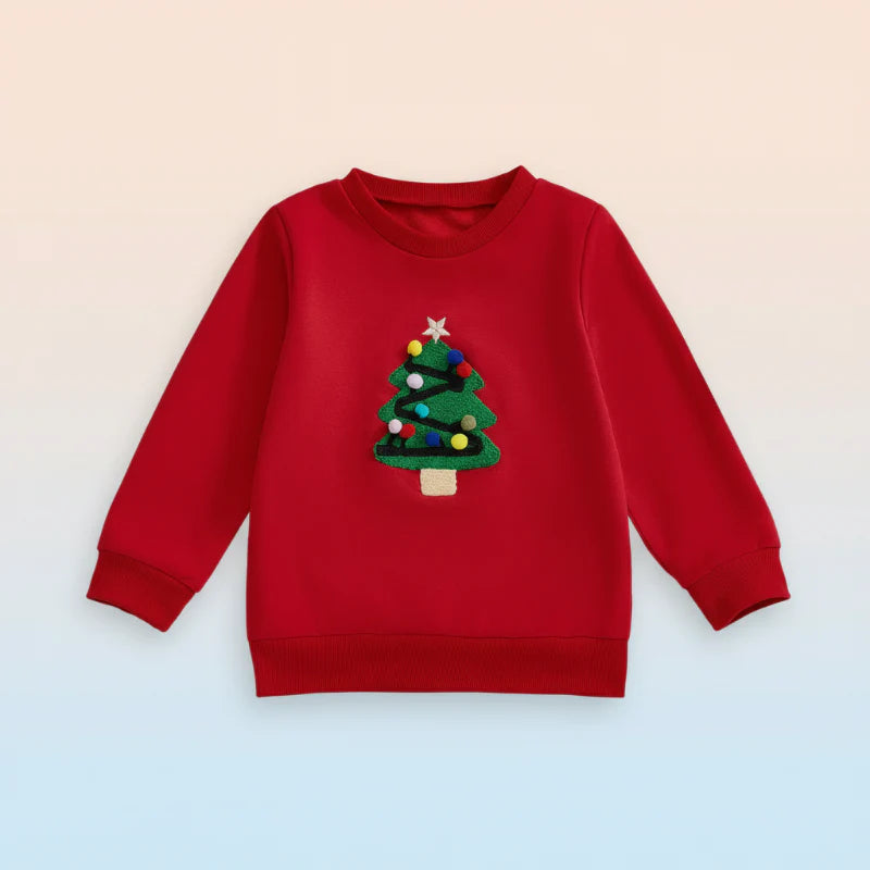 Red crewneck sweatshirt with a decorated green Christmas tree and ribbed cuffs.