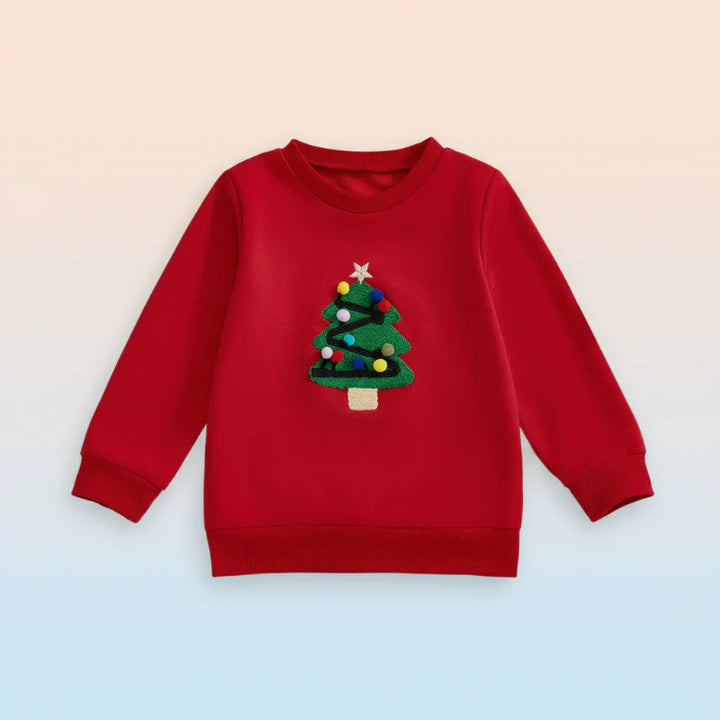 Red crewneck sweatshirt with a decorated green Christmas tree and ribbed cuffs.