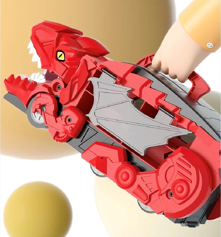 Red dinosaur car carrier being lifted by its built-in handle