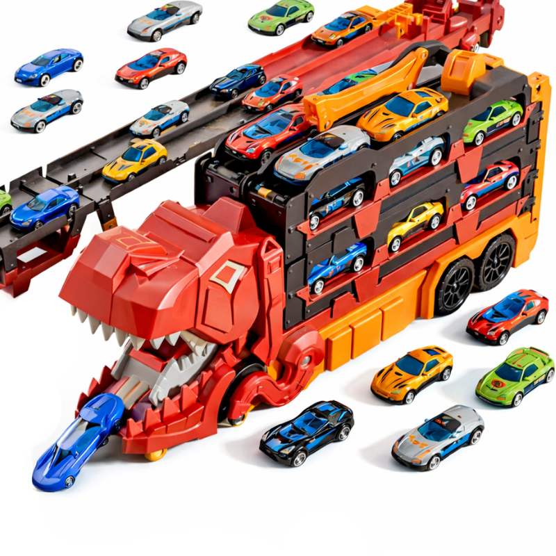 Red dinosaur transport truck with side car storage, an extended racetrack, and racing cars.