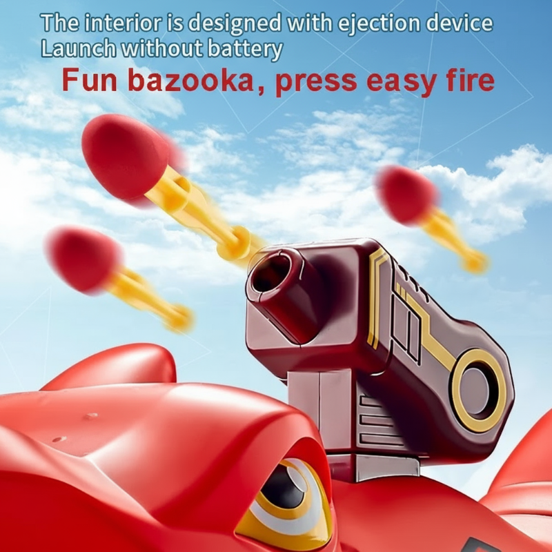 Top-mounted launcher on a red dinosaur toy car with three darts shown in flight