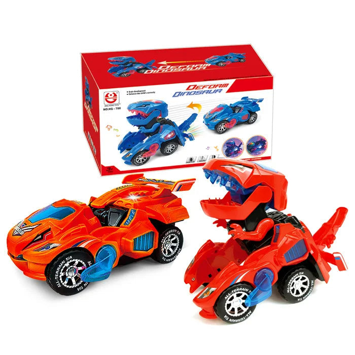 Red transforming toy car in car and dinosaur robot modes beside its box
