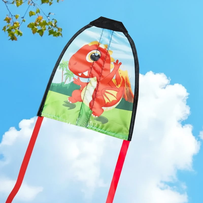 Red dinosaur handheld kite with a green landscape print and red ribbon tails