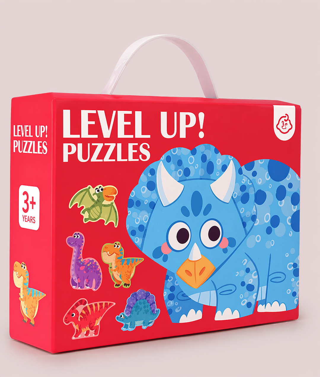 Red dinosaur puzzle carry box featuring a blue triceratops and smaller dinosaur illustrations