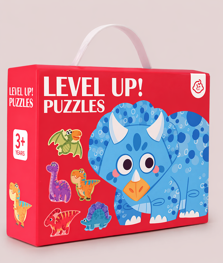 Red dinosaur puzzle carry box featuring a blue triceratops and smaller dinosaur illustrations