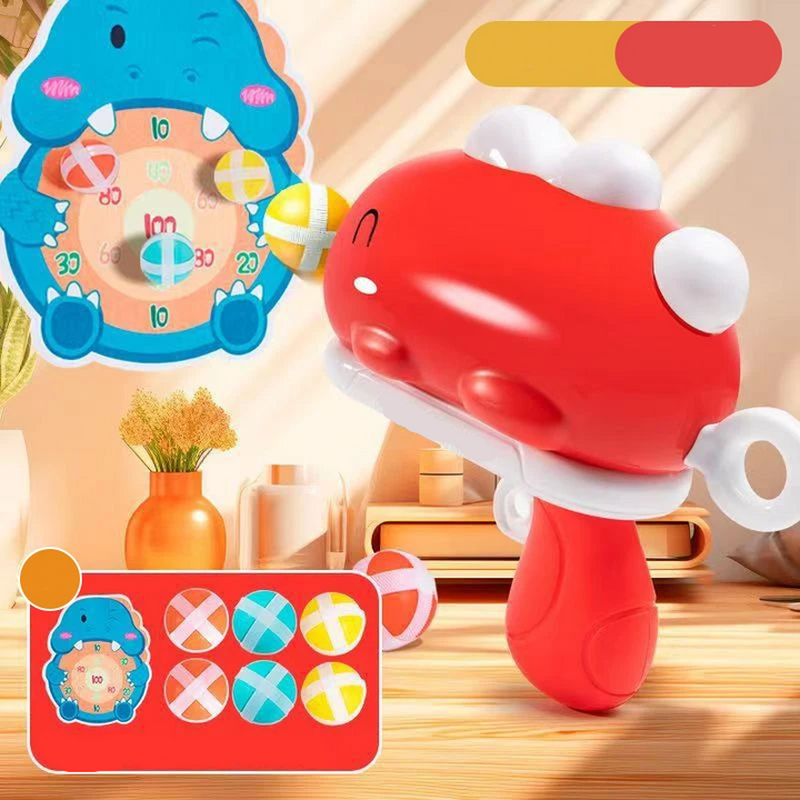 Red dinosaur ball launcher with white details, a numbered target, and six colorful balls