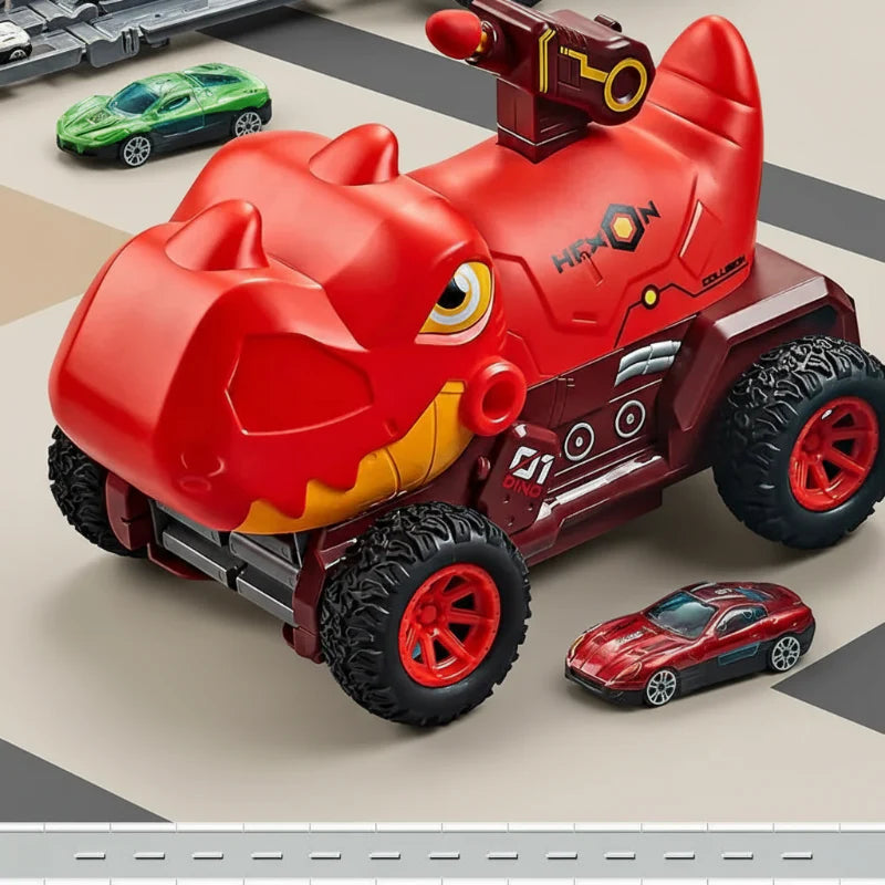 Red dinosaur toy car with a top-mounted dart launcher and two mini cars