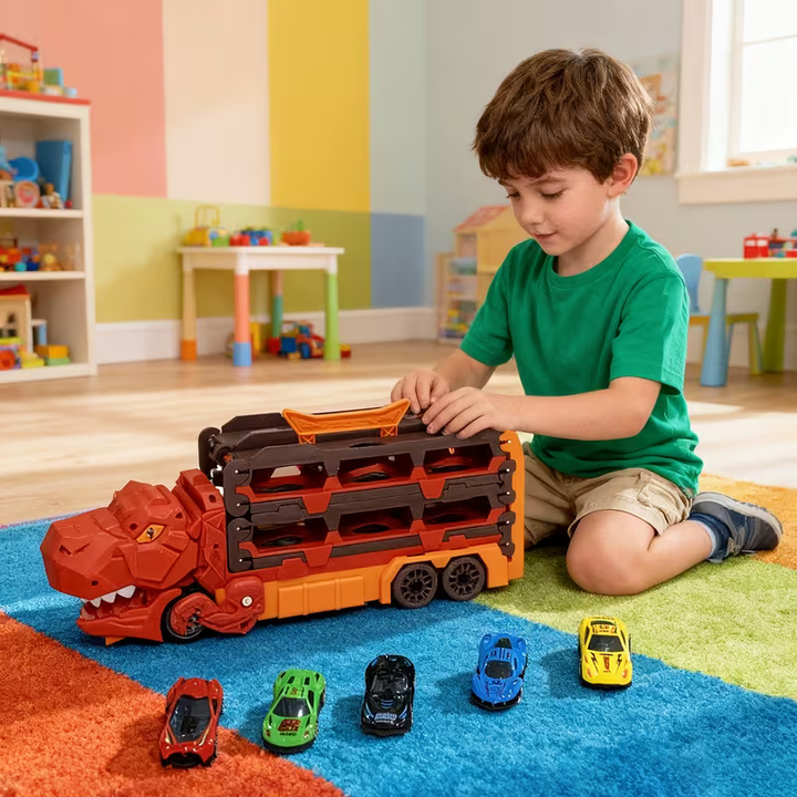 Child playing with a red dinosaur transport truck and a row of toy cars.