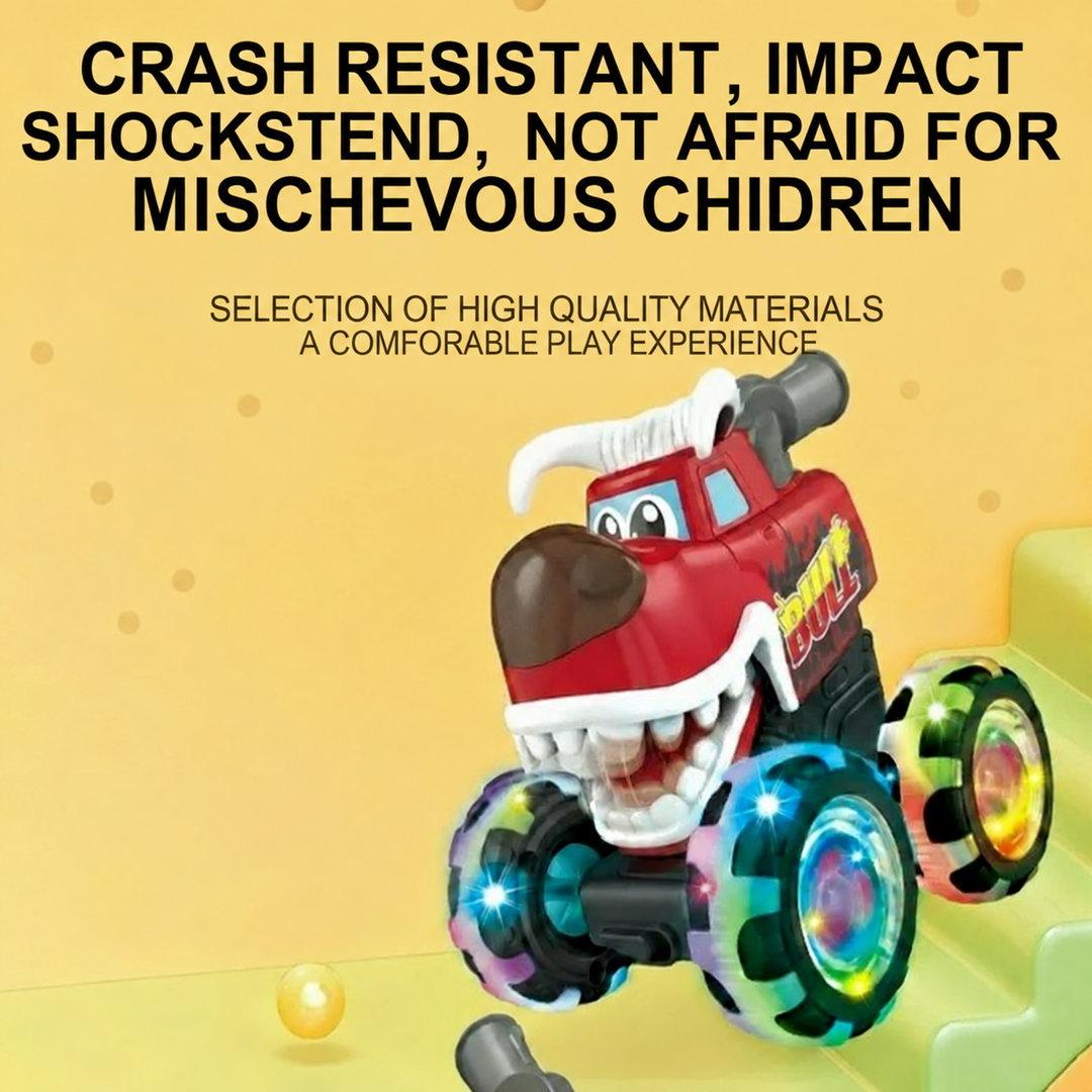 Red dinosaur monster truck with illuminated wheels in a shock-resistance feature graphic