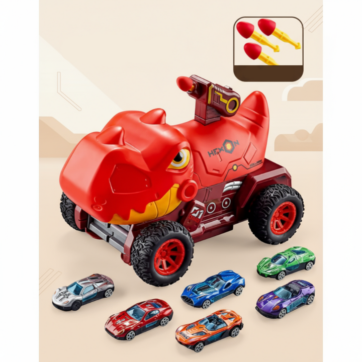 Red dinosaur vehicle set shown with six colorful mini cars and three darts