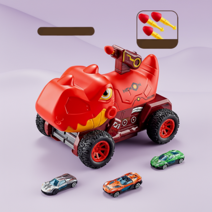Red dinosaur toy car set shown with three mini cars and three darts