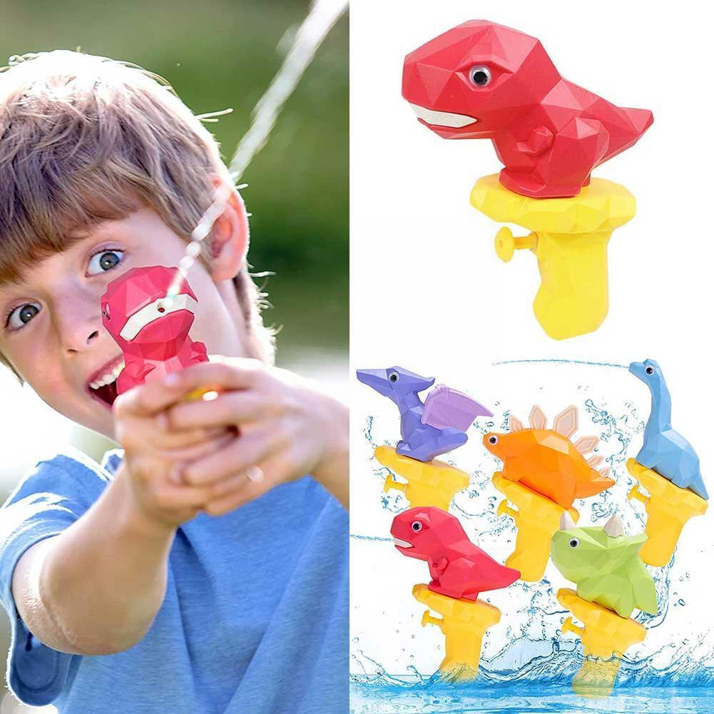 Child spraying a red dinosaur water gun beside the five colorful designs.