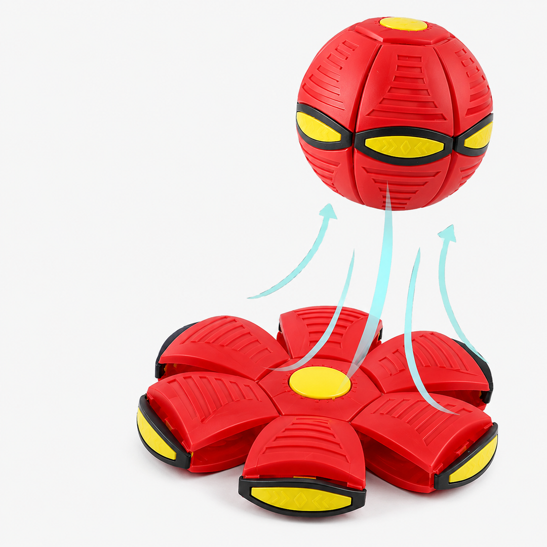 Red transforming disc and ball with upward arrows illustrating the return to a round shape