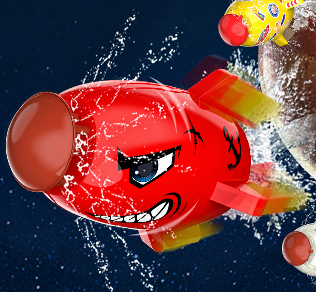 Red rocket sprinkler with a toothy face graphic surrounded by splashing water