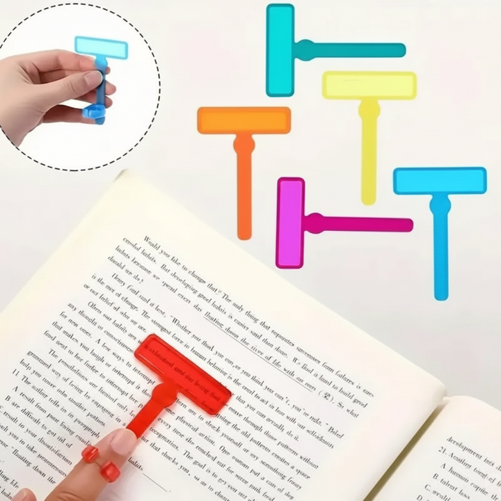 Red finger-worn guide following a line of text, with other guide colors shown above.