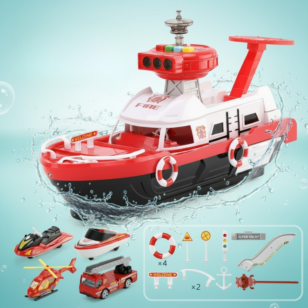Red fire-themed toy boat with miniature boats, a helicopter, a fire truck and accessory details