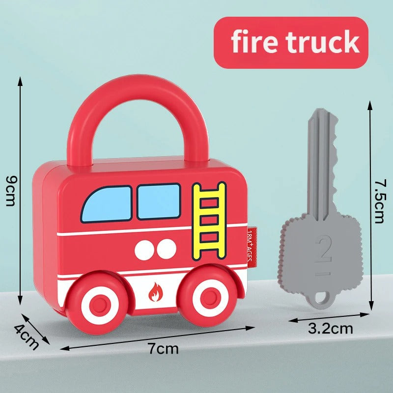 Red fire truck lock with a gray numbered key and measurement arrows.