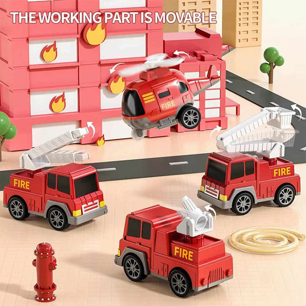 Red fire-themed toy vehicles with movable ladders and a helicopter rotor