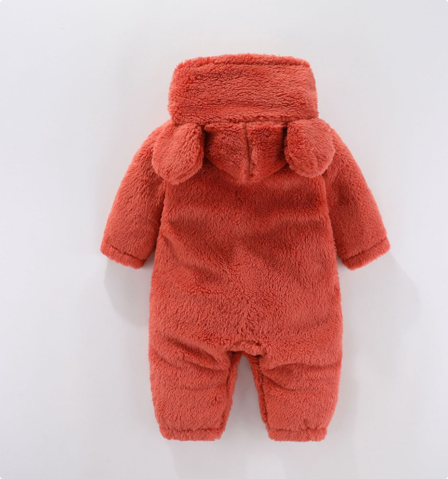 Back of the red fleece baby romper showing the hood and cuffed legs