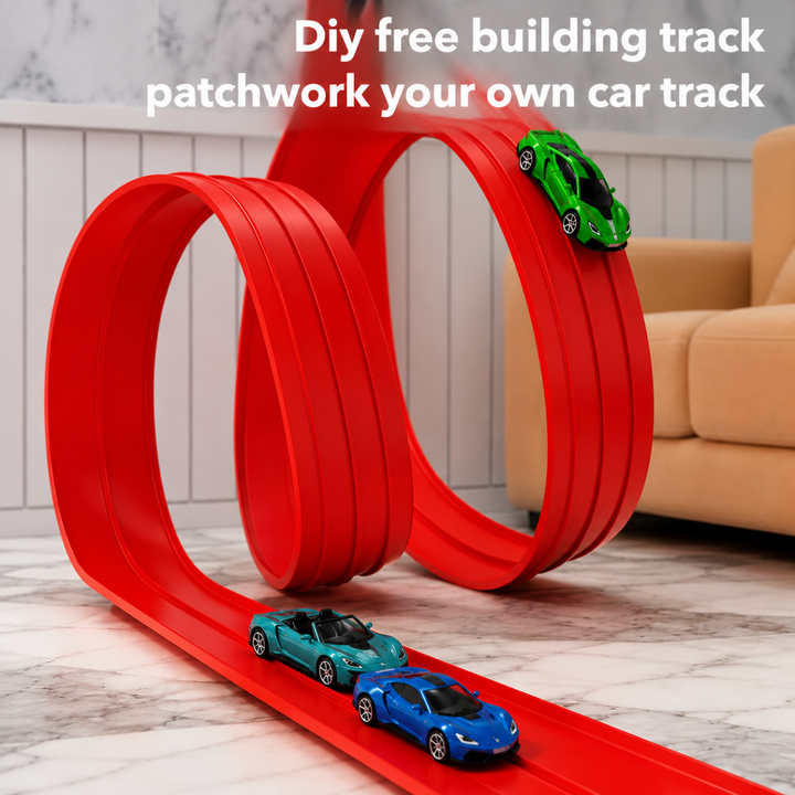 Red flexible race track formed into two tall loops with mini cars on the course.