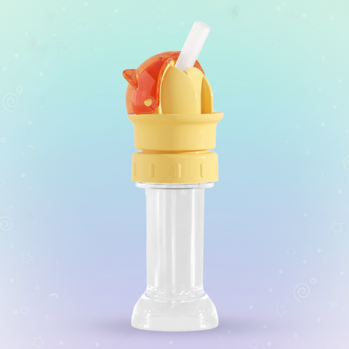 Red flip-top straw cap with a yellow body and clear storage case.