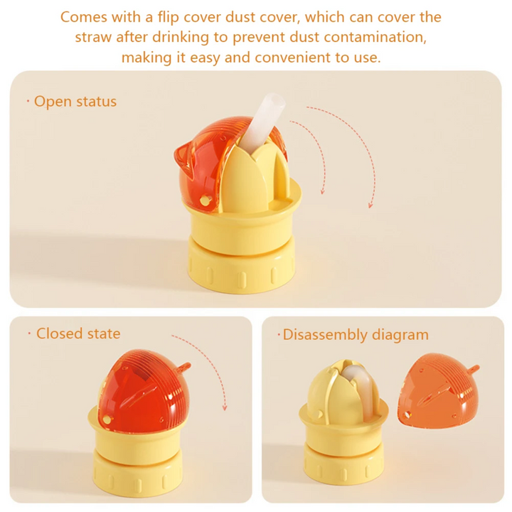 Red flip-top straw cover shown open, closed, and detached from the yellow cap.