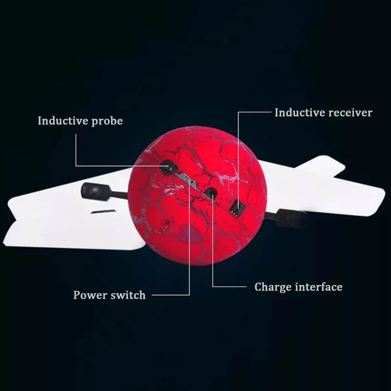 Red flying-ball toy with labeled sensors, power switch, and charging port